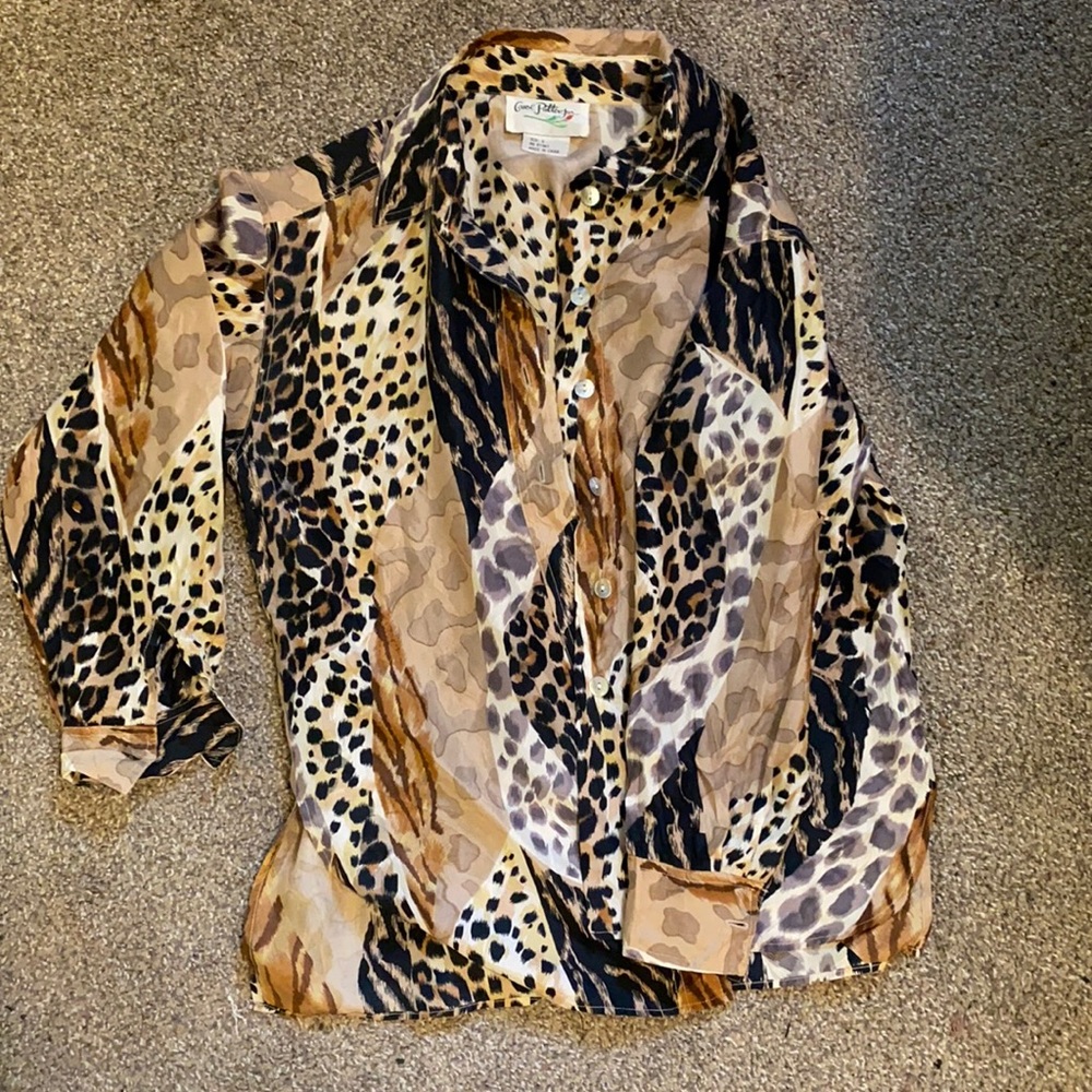 Carol Patterson silk cheetah button up blouse.